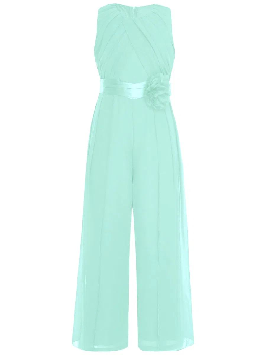 YiZYiF Tuta Elegante Jumpsuit per Bambina Senza Maniche Salopetta in Chiffon con Fiori e Cintura Lunga Overall Per Matrimonio