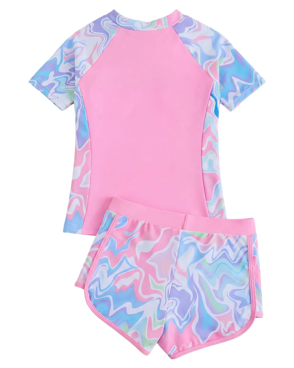 DivingBirds Costume da bagno per bambine con reggiseno imbottito, a maniche corte, costume da bagno con pantaloncini, 7-14 anni