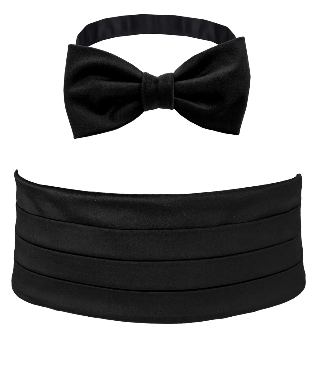 Set Fusciacca Fascia da Smoking e Papillon Annodato in Velluto, Regolabile, Made in Italy, Uomo