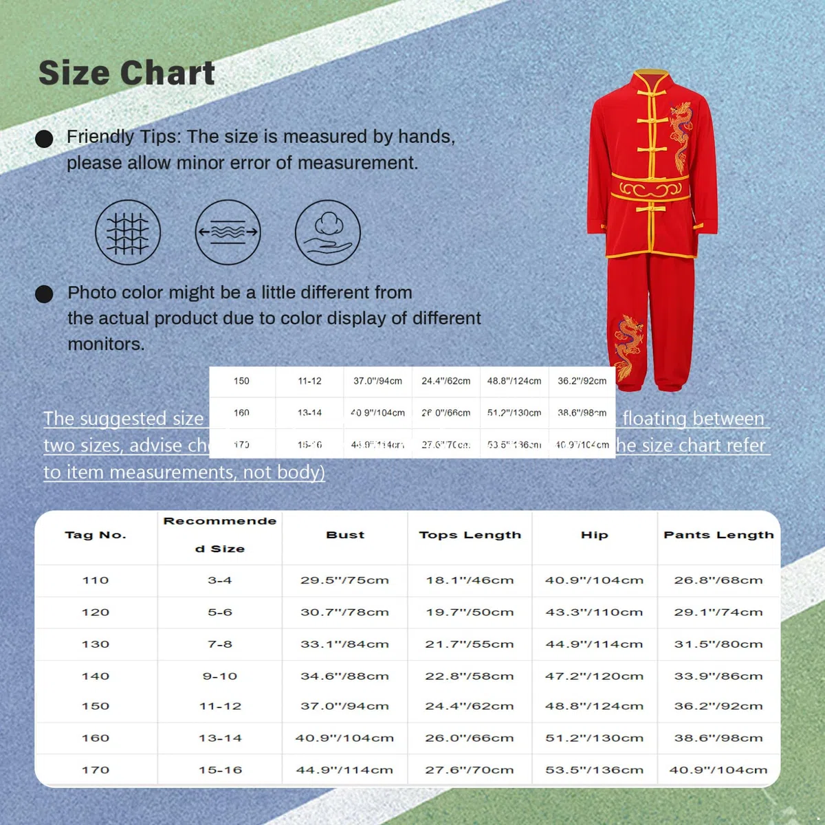 renvena Unisex Bambino Kung Fu Tai Chi Uniforme Abbigliamento per Arti Marziali Maniche Lunghe 2 Pezzi Costume Tradizionale Cinese Wushu Qigong Shaolin
