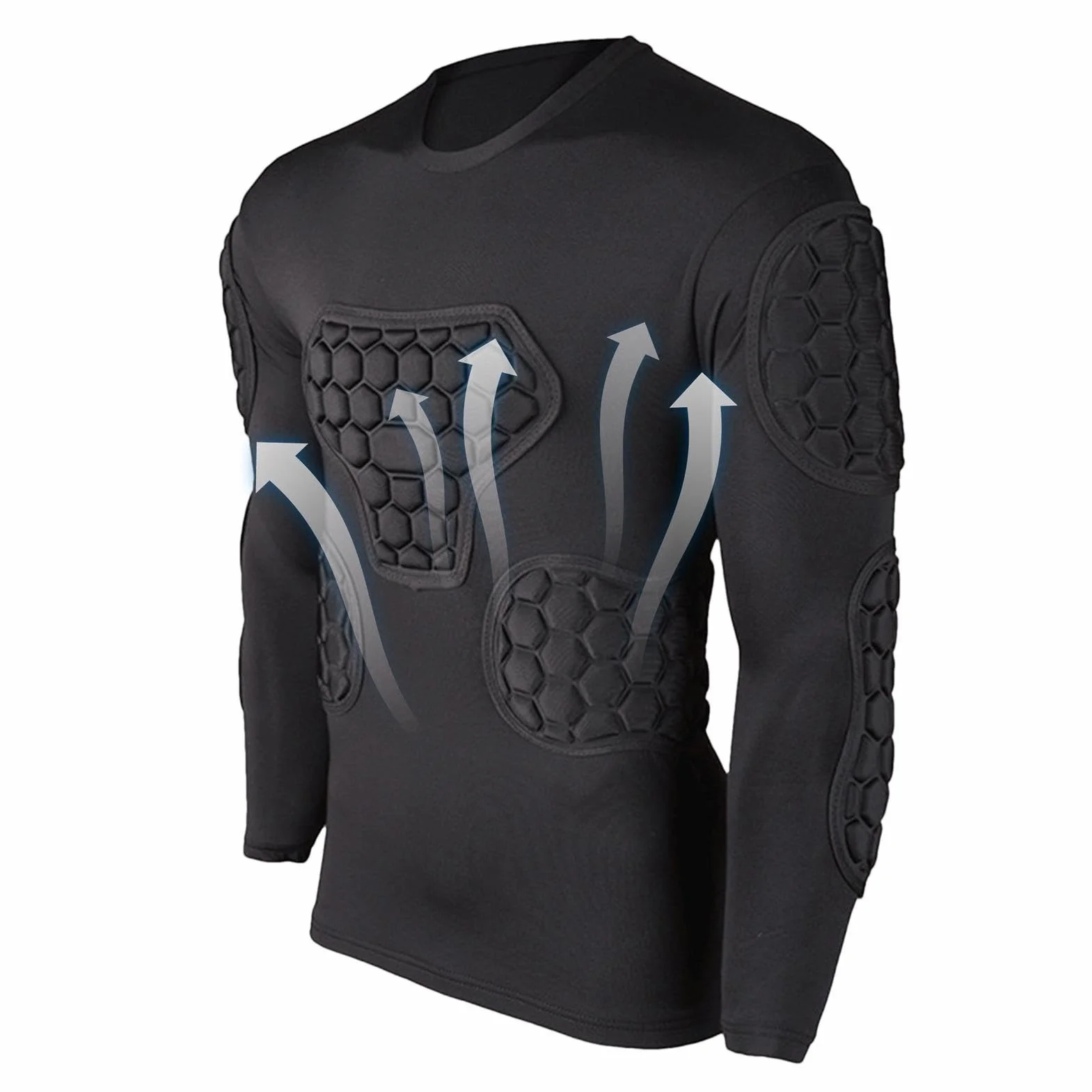 Maglia a compressione imbottita da calcio, a maniche lunghe, nera, maglia da portiere da calcio, maglietta a compressione per giovani, paintball, baseball, paintball