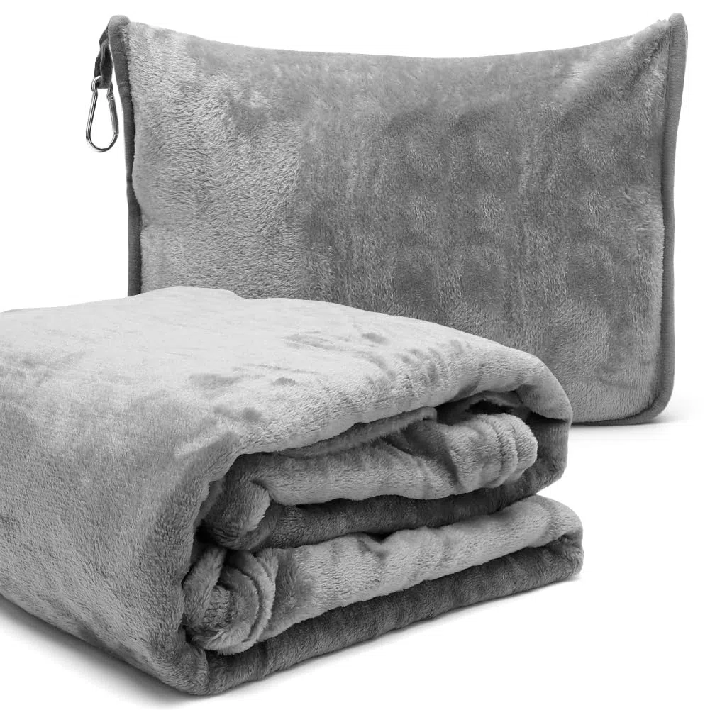 2 in 1, coperta da viaggio e cuscino da viaggio con chiusura lampo, multifunzione, morbida e calda, coperta da aereo, coperta compatta per aereo, auto, ufficio, 127 x 152 cm (grigio B)