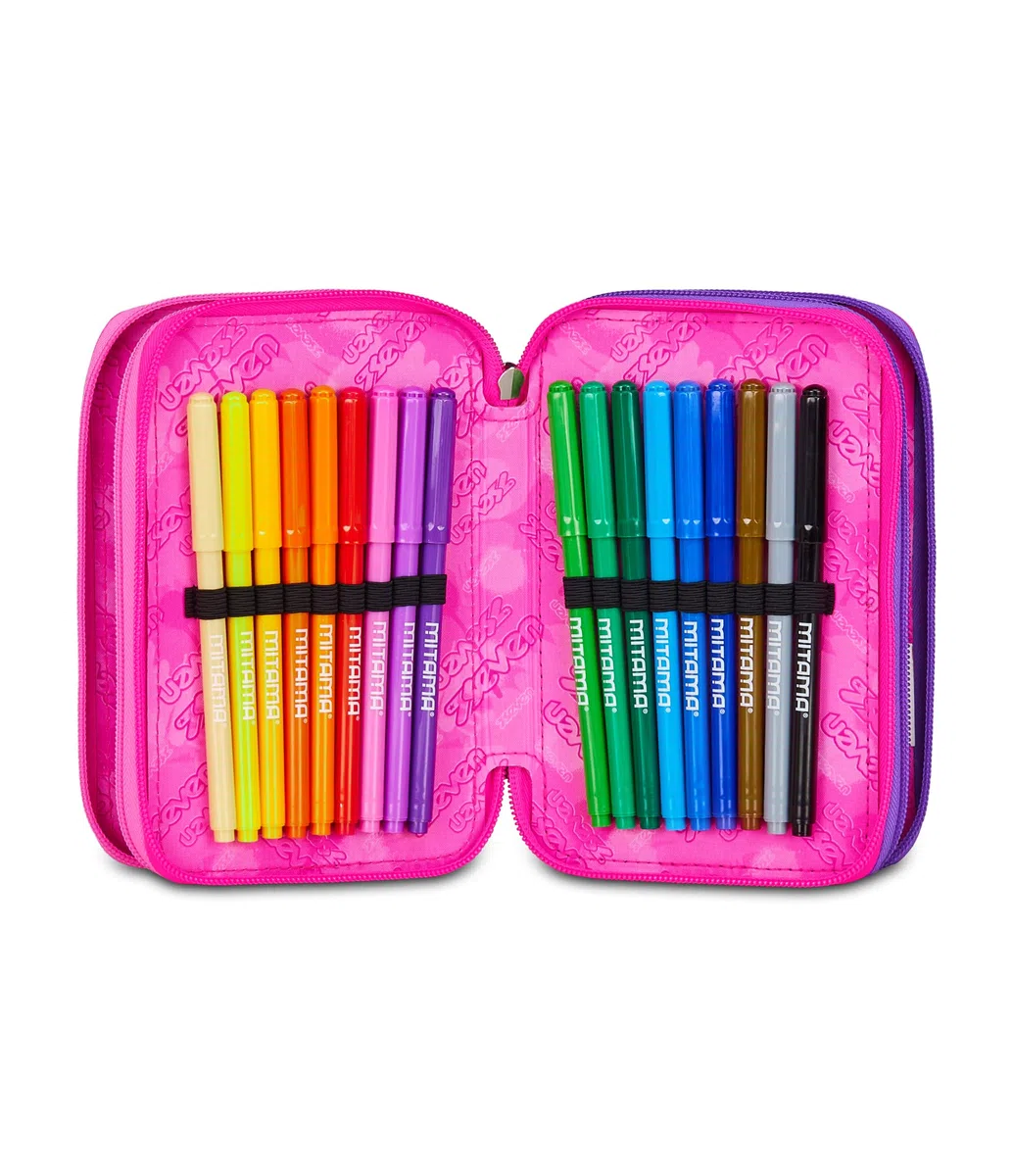 Seven Astuccio Scuola Elementare, 3 scomparti, Medie, con Matite, Pennarelli, Penne, 3 Zip, Lovely Elements, Bambina e Ragazza, rosa/viola