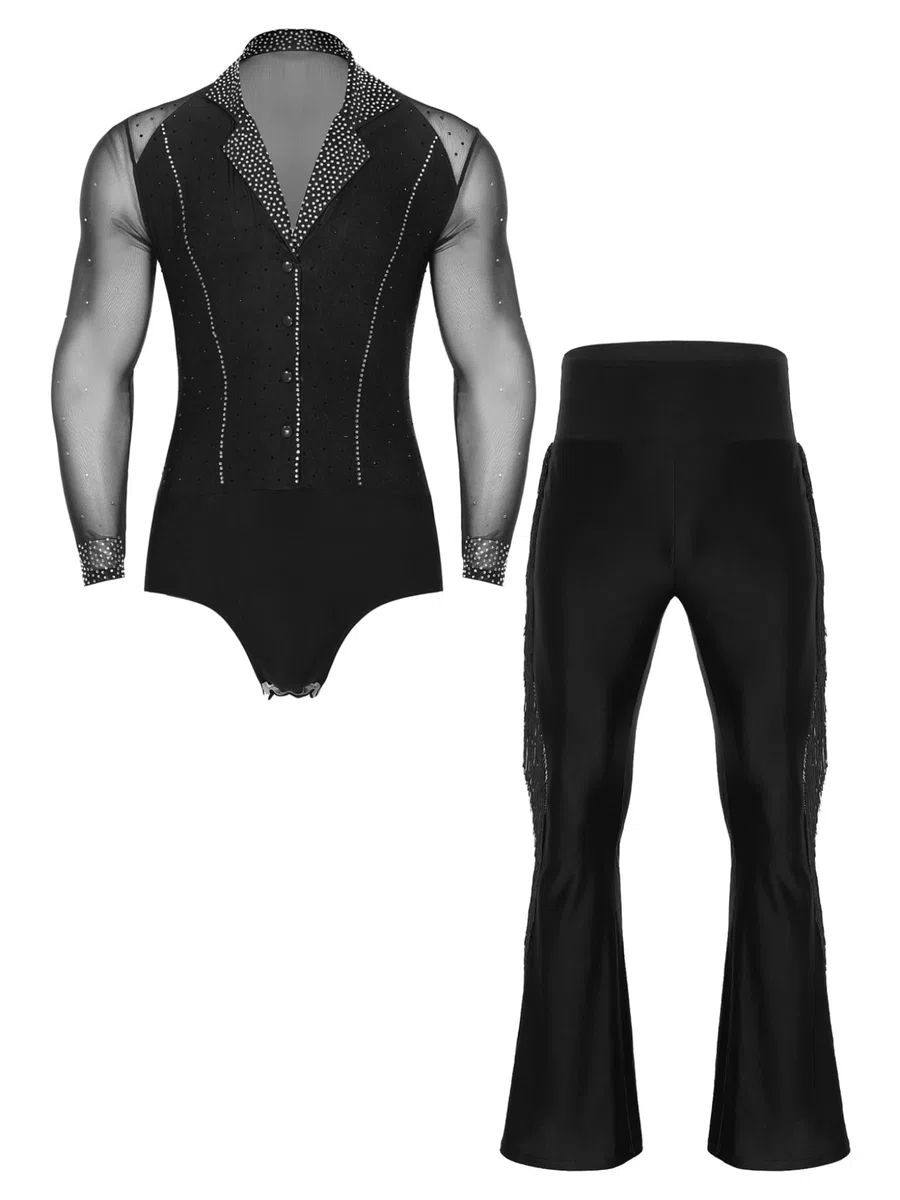 Completo da Ballo Latino Americano Uomo Camicia Body da Ginnastica Leotard con Strass e Nappa Pantaloni a Zampa Vestito da Ballo Valzer Samba Rumba Dancewear
