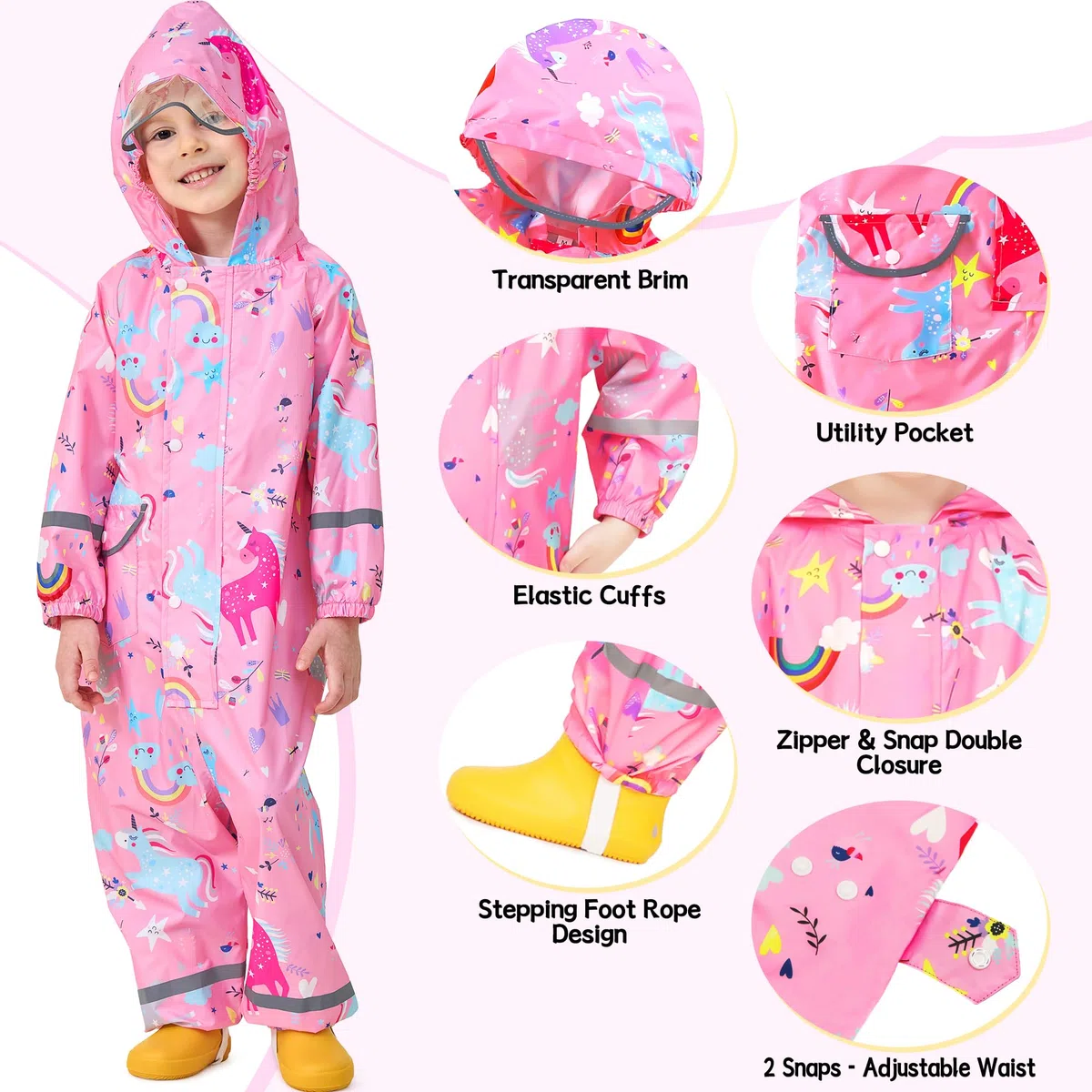 Impermeabile Pioggia Bambini Tutto in Uno Tuta con Cappuccio Unicorno Dinosauro Bambino Antipioggia Giacca Tuta Portatile l'asilo Sportivo Jogging Unisex Pozzanghere Impermeabili 1-9 Anni