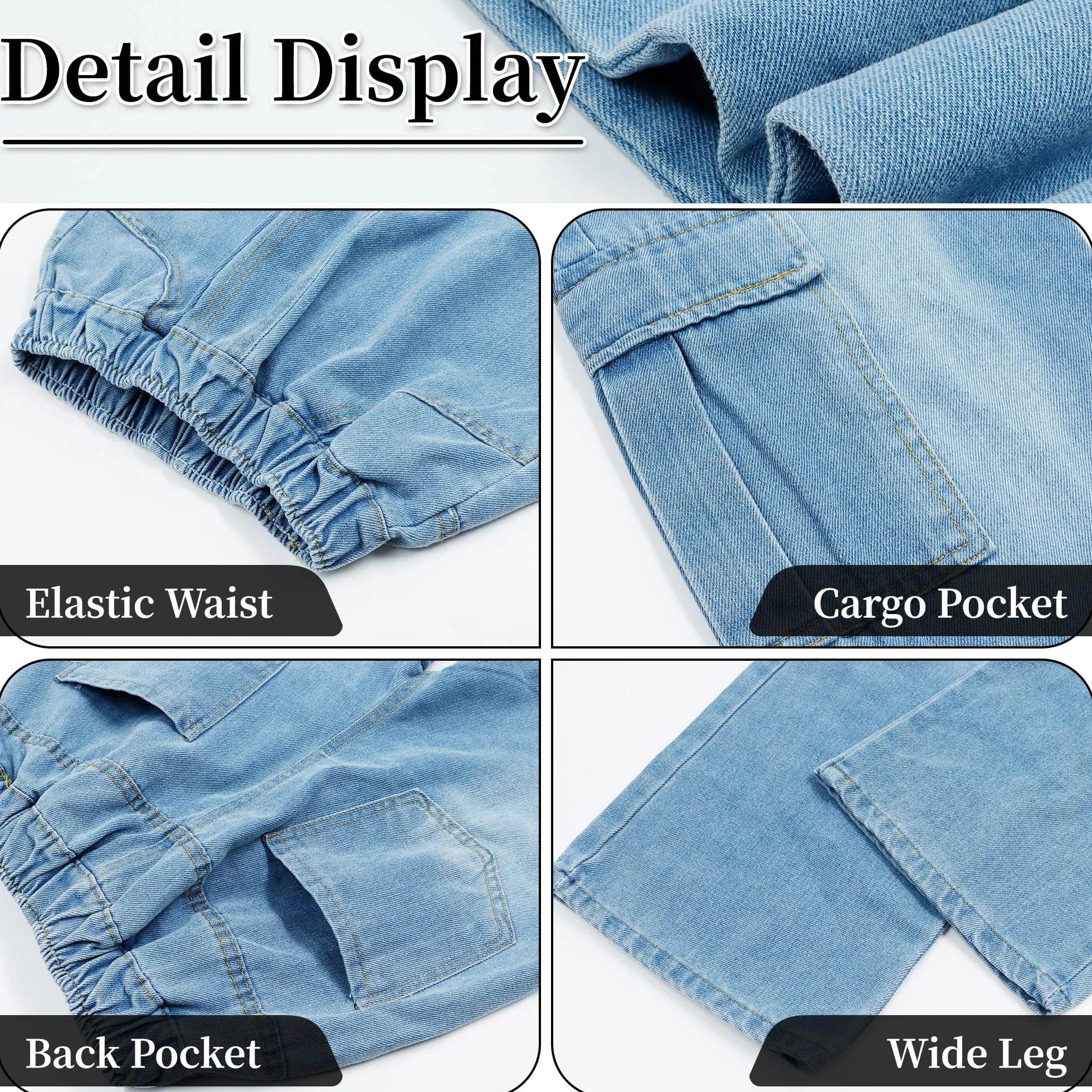 Jeans Cargo per Bambina, Baggy Denim Pantaloni Gamba Larga Lunghi Jean con Vita Elastica Loose Fit Stretch Pants con Tasche Multiple Casual Blu Pantaloni Moda Streetwear per Ragazza 7-15 Anni