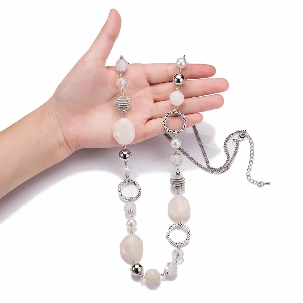 Collana lunga da donna con perle in stile boho, in argento, per anniversario di matrimonio, gioiello alla moda