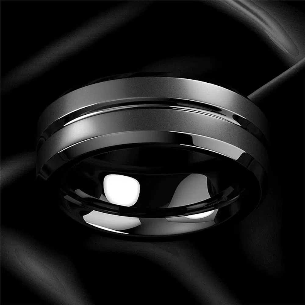ZENSE - Anello da uomo in acciaio nero opaco con scanalatura ZR0170