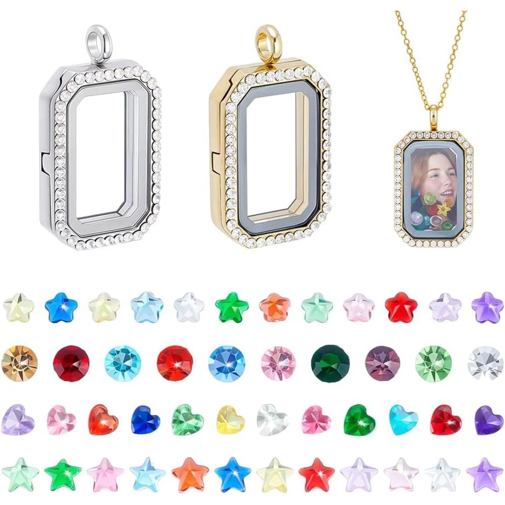 PH PandaHall Collana con Ciondolo Medaglione Dorato Ciondolo Galleggiante In Platino Ciondoli Rettangolare Medaglione In Vetro con Cabochon In Vetro A Cuore Fiore per Collana Fai Da Te (Senza Catena)