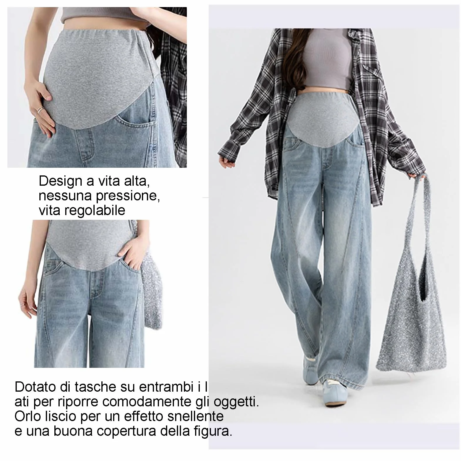 Jeans Premaman, Larghi, Casual, con Cintura Regolabile, Pantaloni alla Moda e pratici, Adatti a Ragazze sotto i 170 cm