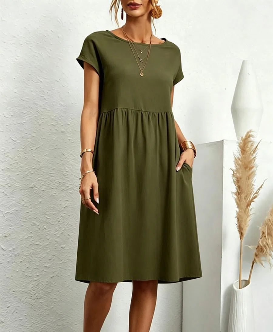 Vestito Donna Estivo Abito Lungo Girocollo Scollo Vestiti con Manica Lunghi Rotondo a Maniche Corte Casual Abiti Cotone Tinta Unita Lunghezza Oltre Il Ginocchio Casual da Donna Vestito Mare