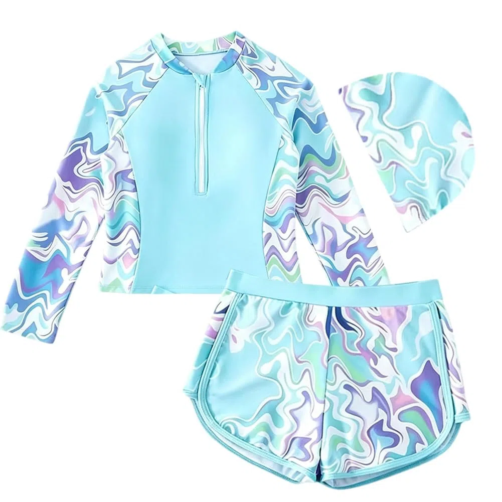 Set Rashguard da bambina, costume da bagno UV a maniche lunghe con imbottitura rimovibile, 1/2 zip con motivo floreale e pantaloncini da bagno, costume da bagno per adolescenti