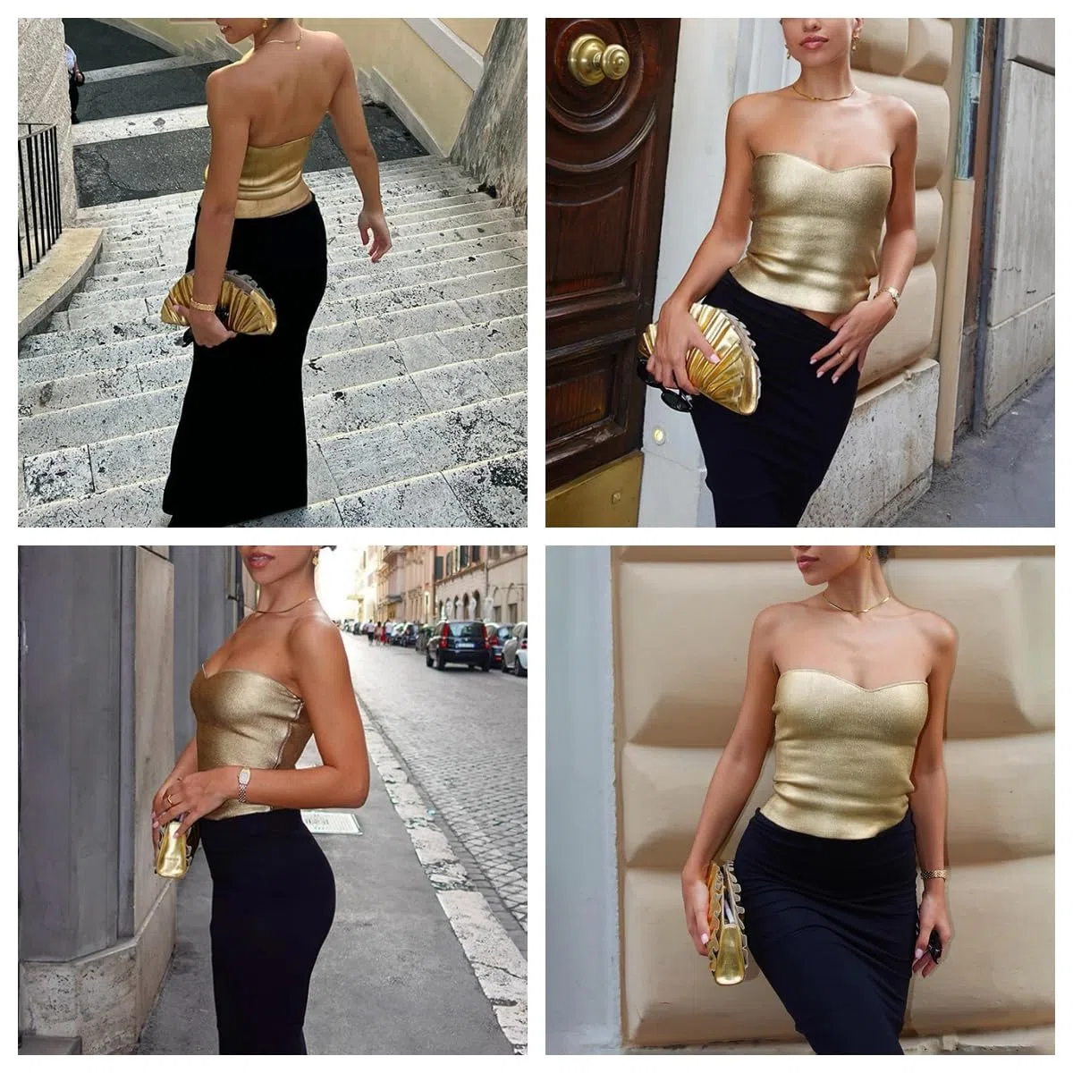 Donne Tops tubolari in PU,Tops bandeau senza spalline in pelle dorata, corpetti aderenti spalle nude, maglia metallici lucidi per feste club, maglia base casuali elasticizzati senza per rave festival