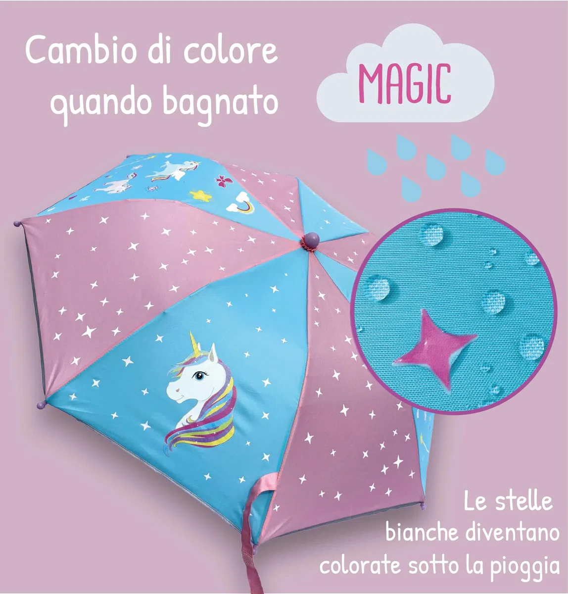 HECKBO Magic Ombrello per bambini - motivi diversi - cambia colore in caso di pioggia - ombrello pieghevole: si adatta a qualsiasi zaino scolastico