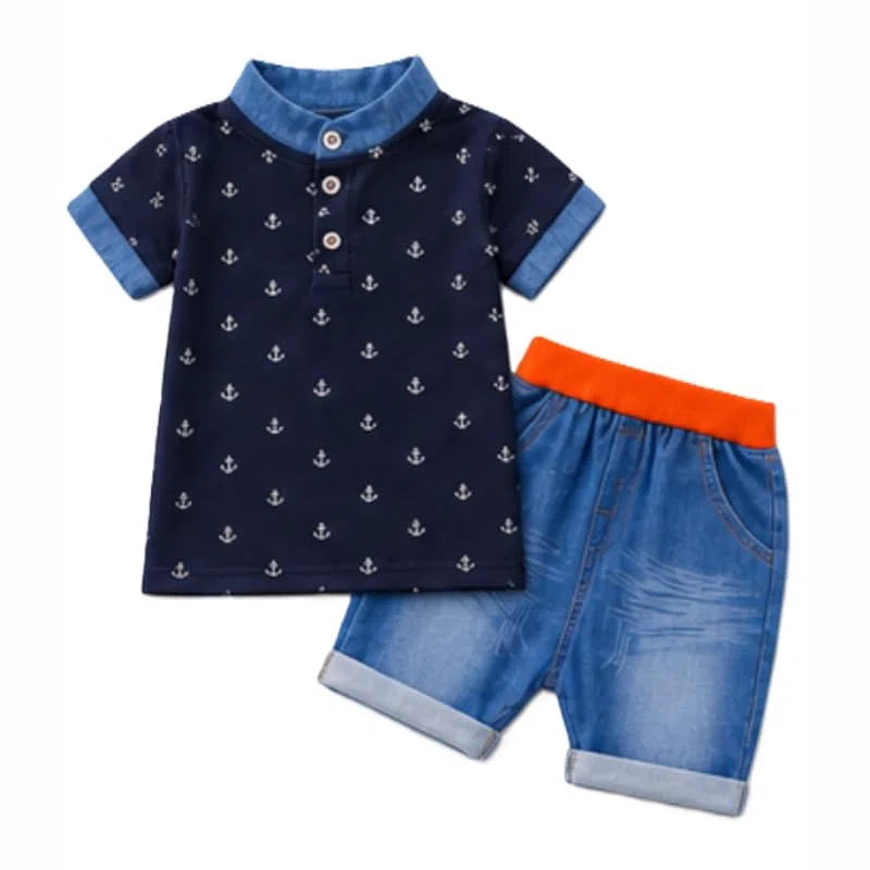 OrJana Completo Bambino 2 Pezzi, Polo con Ancore e Pantaloncini Jeans Leggeri Blu