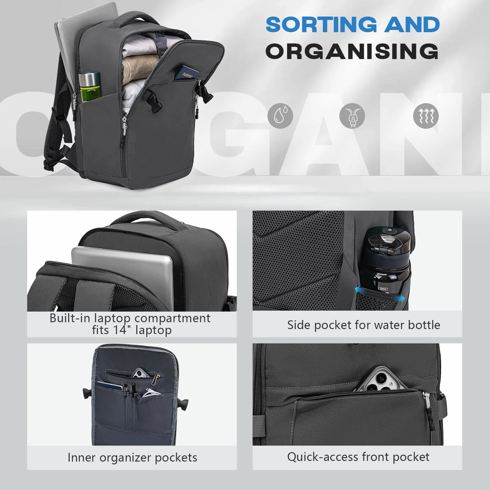 Xkdoai Zaino 40x30x20 per Ryanair Bagaglio a Mano 40x30x20 Zaino da Viaggio Aereo Bagaglio a Mano Borse da Cabina Zaini per PC Portatili 14 Pollici con Borsa per Bottiglie