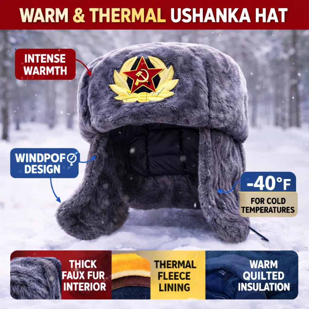Cappello da cacciatore russo da uomo invernale caldo cappello con distintivo sovietico unisex in pelliccia sintetica Ushanka cappello invernale stile sovietico unisex