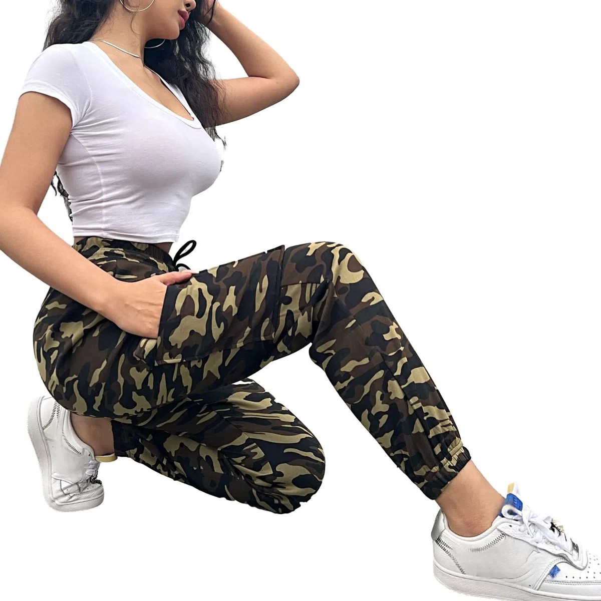 Nuofengkudu Harem Pantaloni della Tuta da Donna Mimetici Elastico Vita Alta Coulisse Tasche alla Caviglia Laterali Petite Cargo Joggers Leggeri Sportivi Jogging Pants