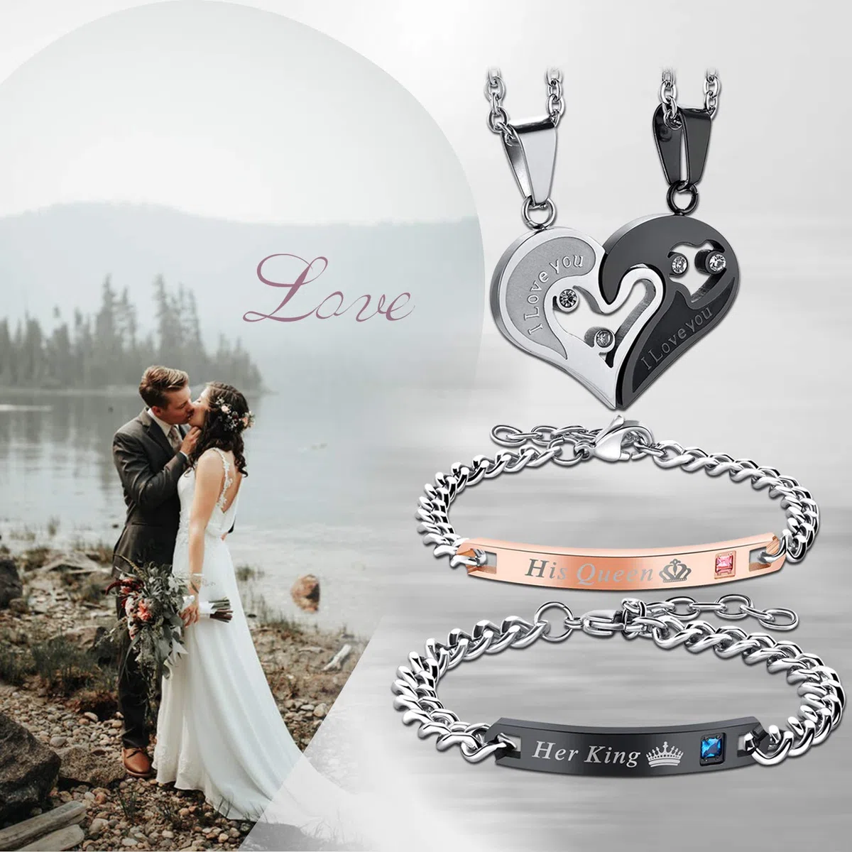 OIDEA Set Collana e Bracciale Coppia Lovers,Collana con Pendente Puzzle Cuore 'I Love You' Mosaico Strass,Braccialetto “Her King” “His Queen” Regalo per Amante o Migliore Amico/Amica