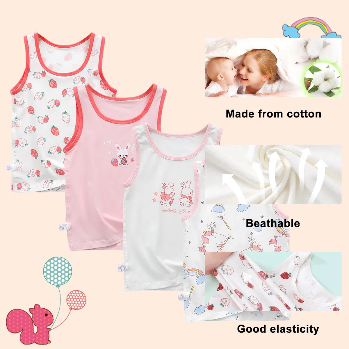 Confezione da 4 Canottiere da Bambina Canotte in Cotone Maglietta Intima Traspirante Morbida Bambine 2-10 Anni