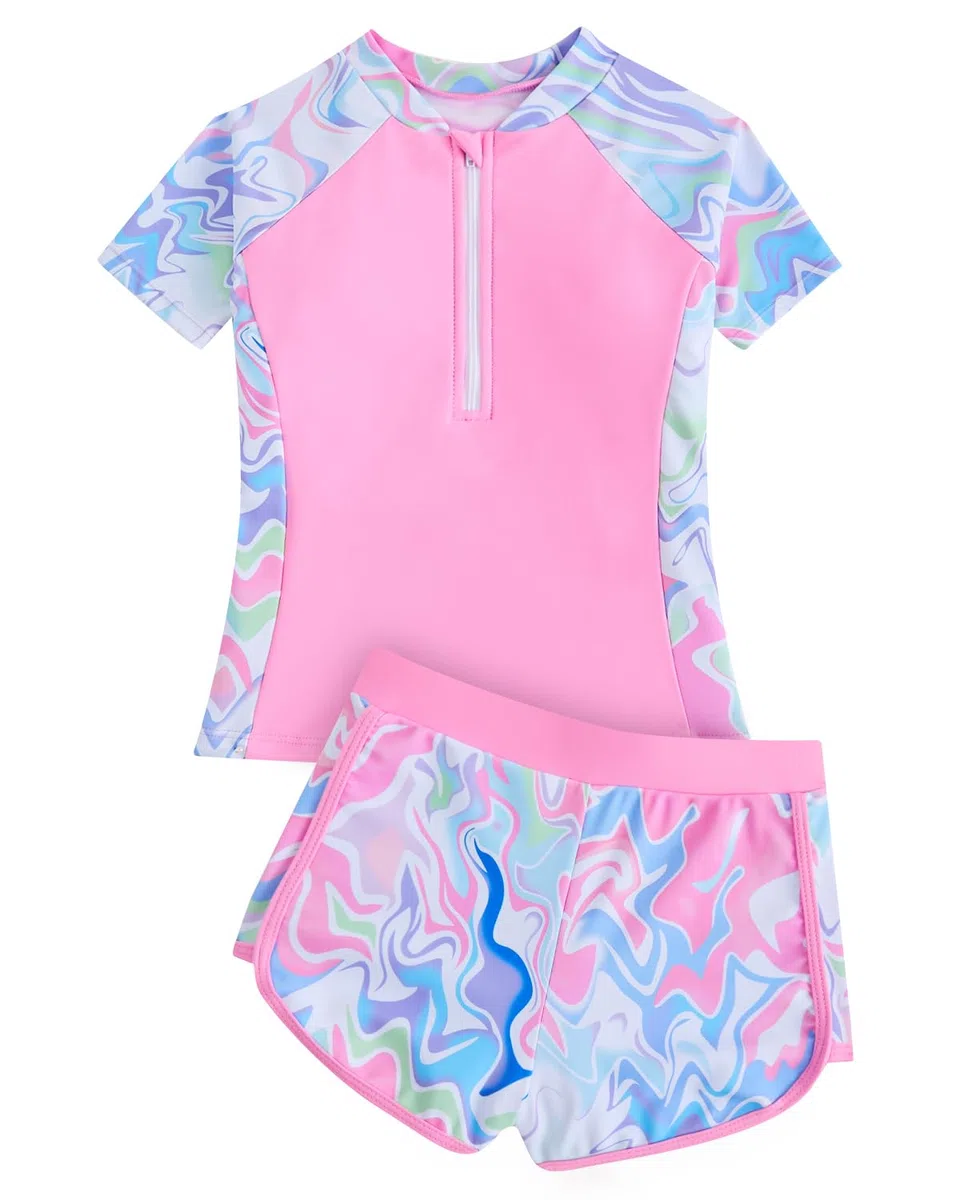 DivingBirds Costume da bagno per bambine con reggiseno imbottito, a maniche corte, costume da bagno con pantaloncini, 7-14 anni