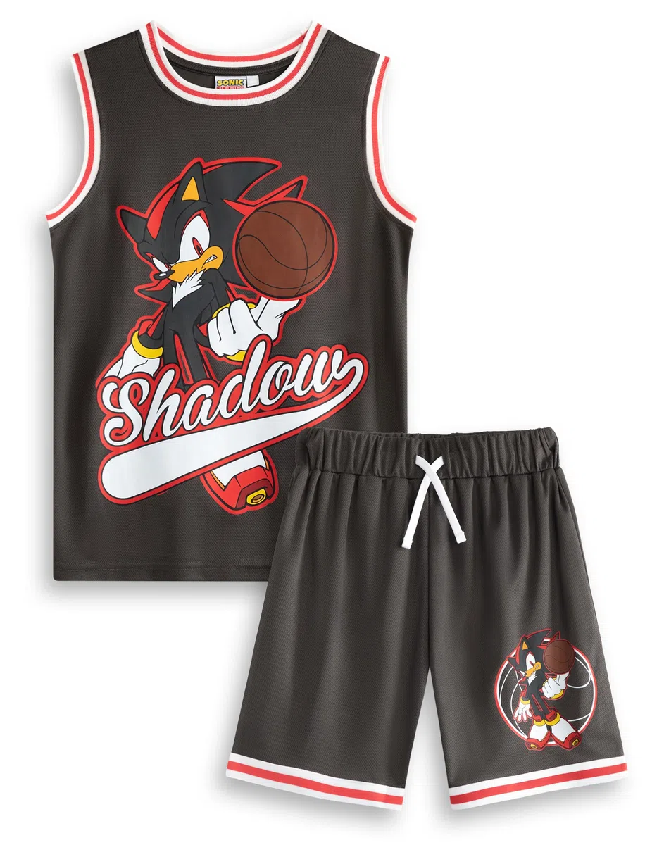 Sonic The Hedgehog Set da basket da 2 pezzi Shadow in nero | Abbigliamento sportivo unisex per bambini | Maglia da basket senza maniche con design a fumetti | Abbigliamento sportivo per bambini