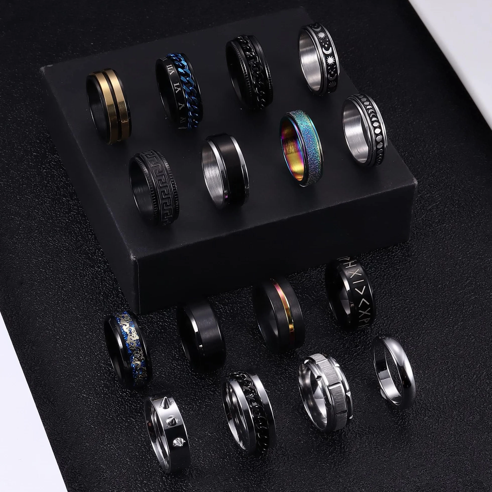 FIOROYAL 16 Pezzi Anelli Uomo Argento Nero Acciaio Inossidabile Antistress Anxiety Anelli Celtici Anelli Cool Banda Spinner Fidanzamento Promessa Anello per Uomo Donna 14.2-30
