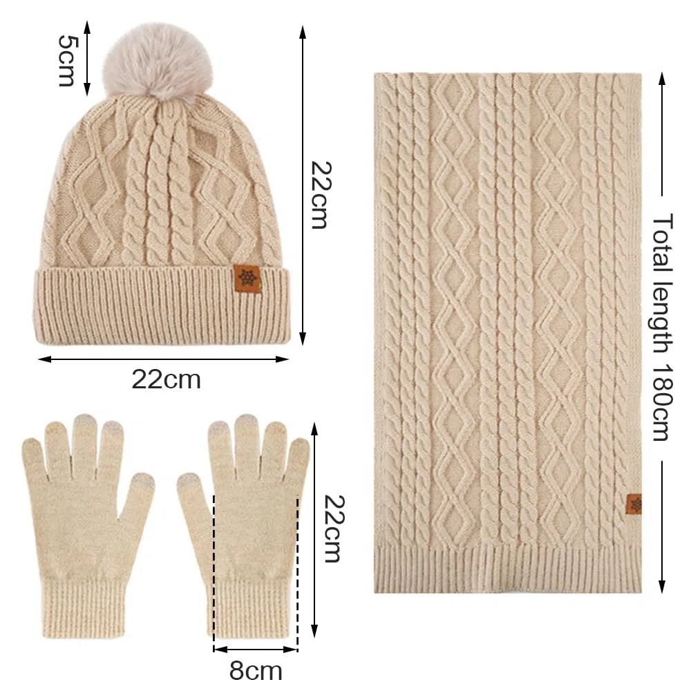 Oneshlee Berretto invernale con touch screen e sciarpa lunga per donna, berretto lavorato a maglia da donna, con palla di peluche, caldo berretto invernale, guanti a maglia, sciarpa, berretto 3 in 1,