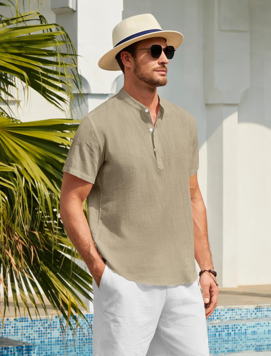 Enlision Camicia Uomo di Lino Cotone Maniche Corte Camicie Collo Coreana Casual Estiva Elegante Maglietta Serafino Tinta Unita vestibilità Ampia S-4XL