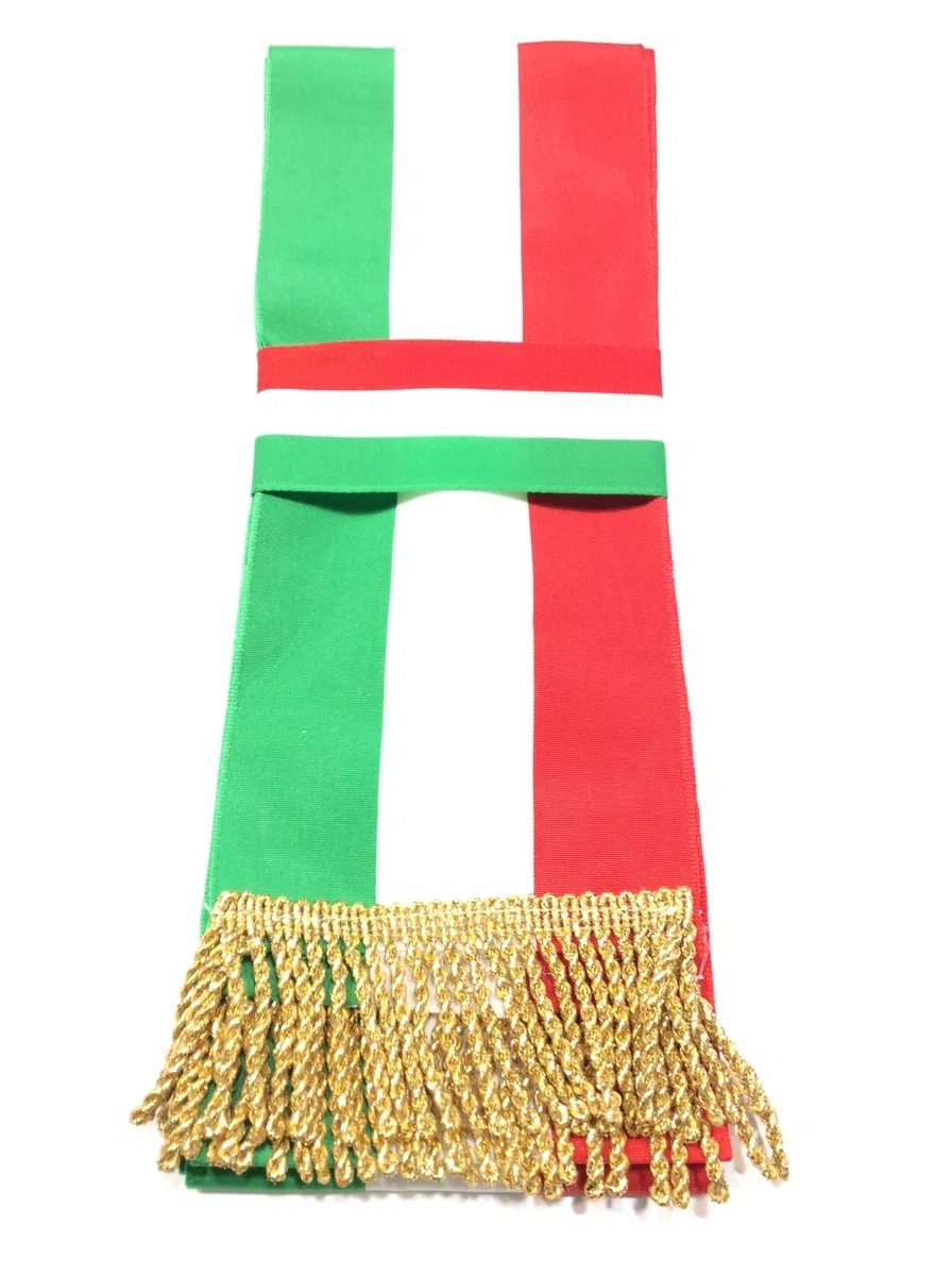Fascia Tricolore Italiana per Cerimonie, 225 cm x 10 cm, con Frange Dorate, Nastro di Alta Qualità, Verde Bianco e Rosso