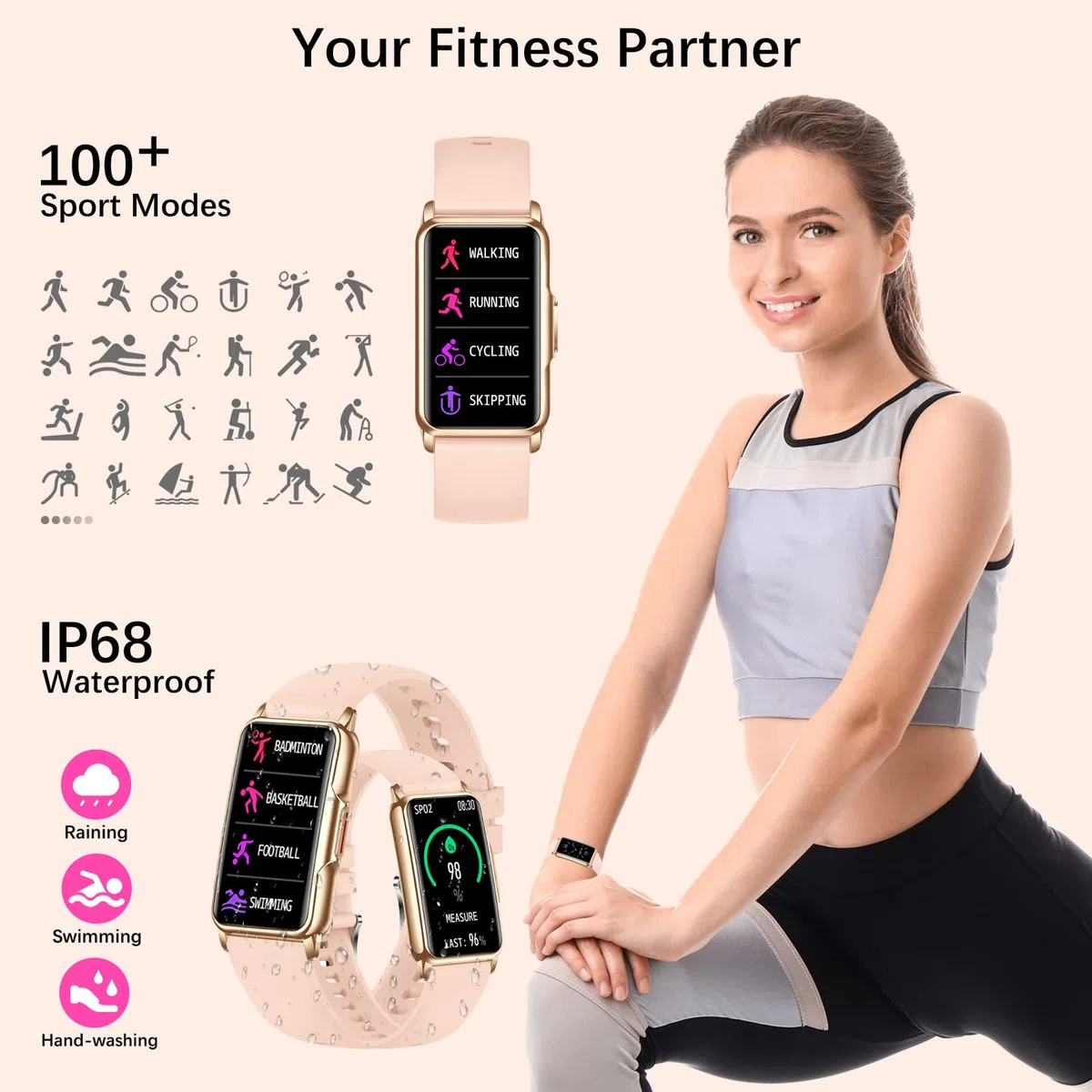 Smartwatch Donna Impermeabile IP68, Orologio Fitness Con Contapassi, Cardiofrequenzimetro, SpO2, Sonno, 123 Modalità Sportive, Smart Band per Android iOS