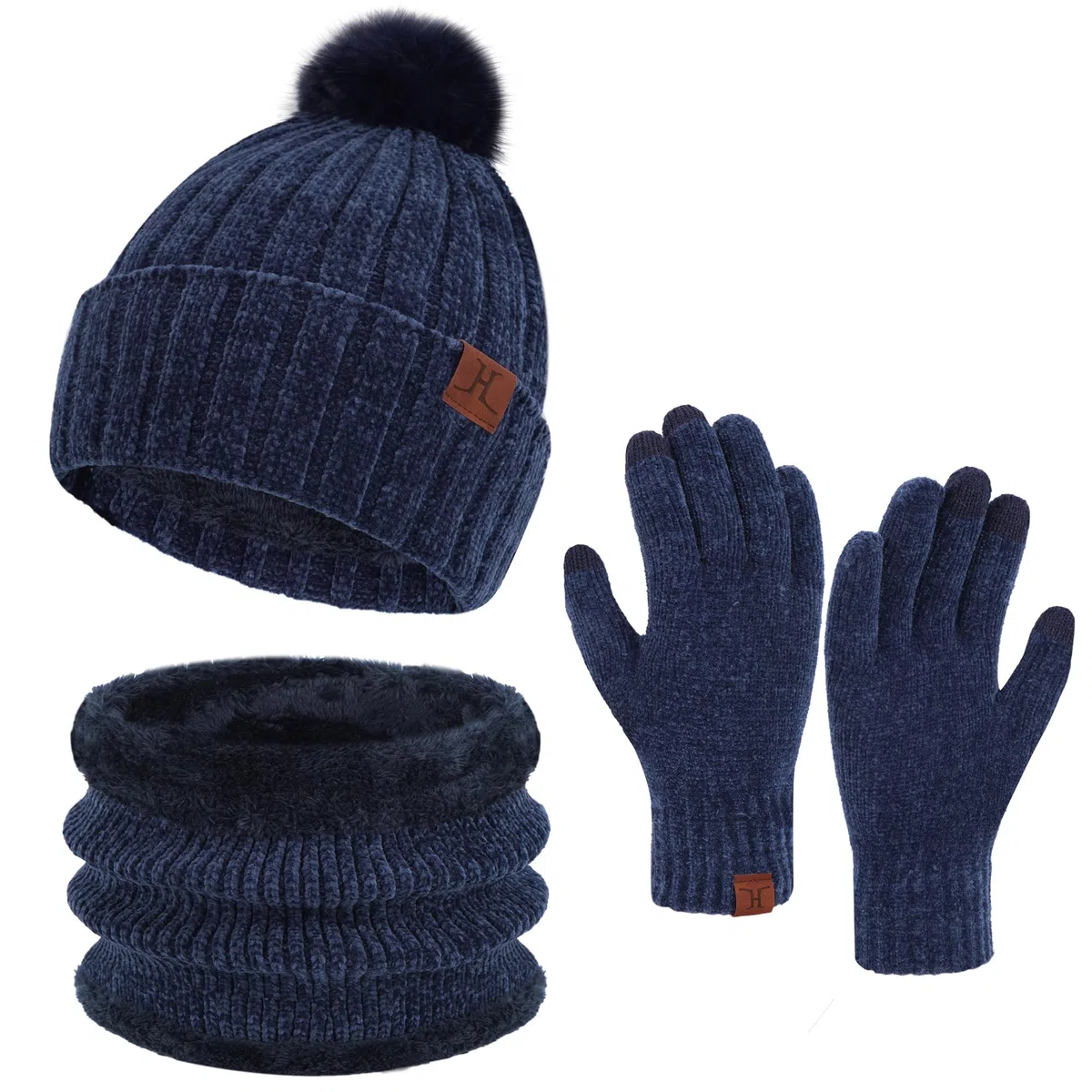 ZASFOU Donna Inverno Berretto Cappelli Sciarpa Touchscreen Guanti Set Maglia ciniglia Teschio Berretto Caldo Pile Foderato