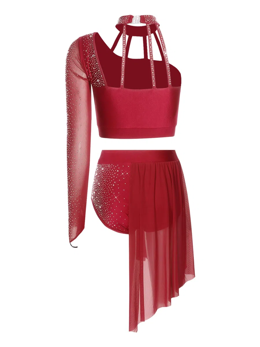 Agoky 2 Pezzi Vestito da Danza Lirica Donna con Strass Crop Top con Gonna Irregolare in Rete Abito da Pattinaggio Artistico Latino Tango Performance