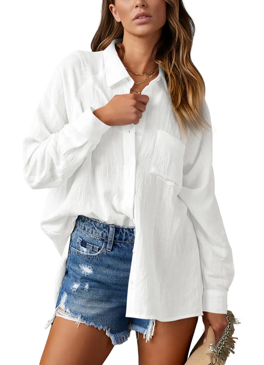 Nonsar Camicia elegante da donna, a maniche lunghe, con scollo a V, stile casual e alla moda, con taschino