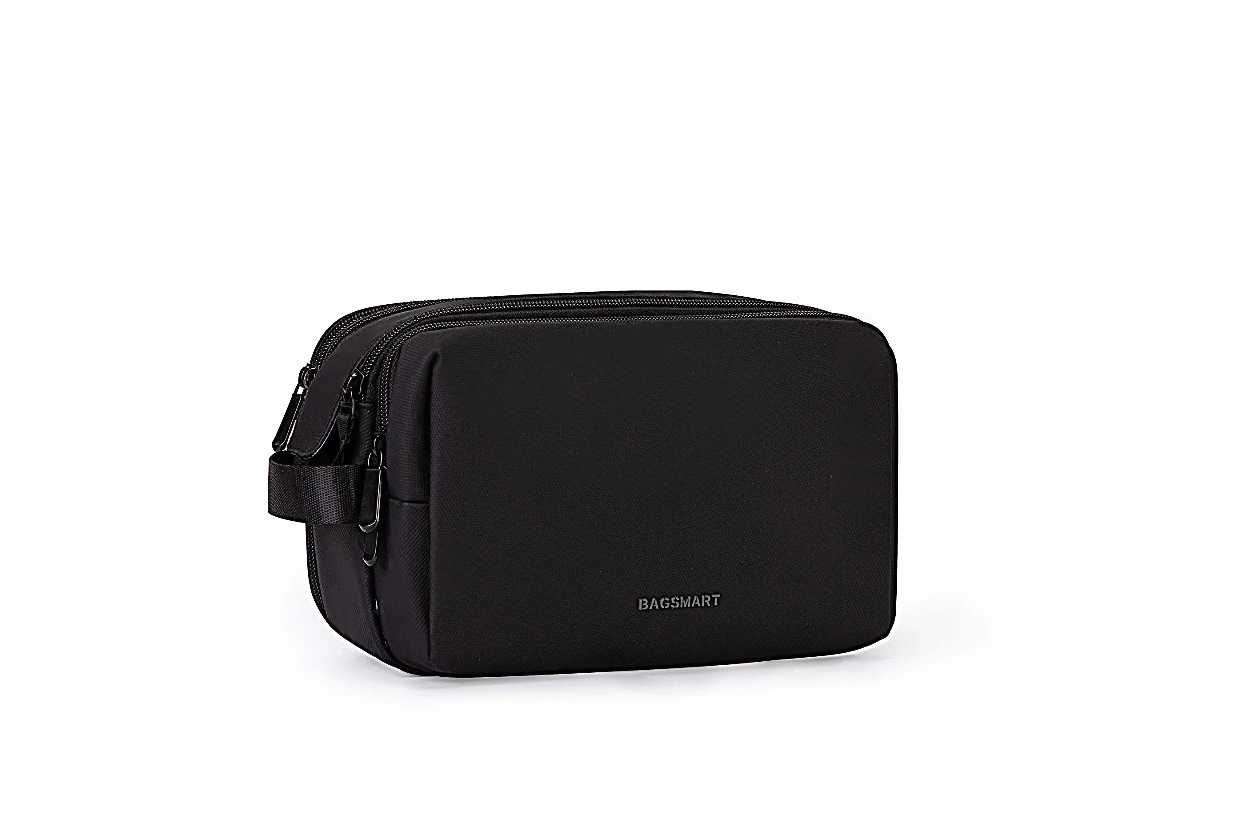 BAGSMART Beauty Case da Viaggio Uomo Donna, Borsa da Toilette con Doppia Apertura A Cerniera, Borsa per Cosmetici, 5 L, Pellicola in Pelle Nera