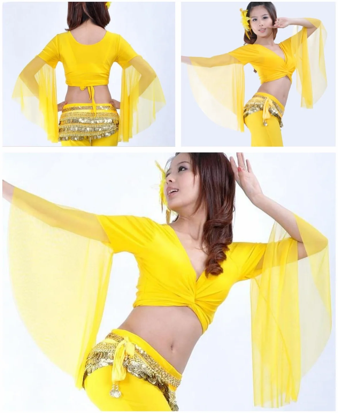 Top corto da danza con maniche svasate da donna, top avvolgente classica scollo V maniche 3/4 in tulle, camicia lacci per danza del ventre tribale, camicetta con nappe for annodare per abbigliamento
