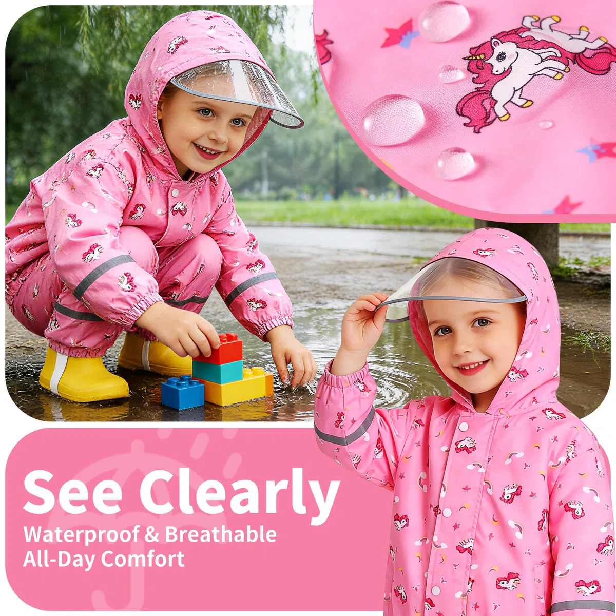 JinBei Tuta Impermeabile Bambino Leggero Tuta Pioggia Bambina con Cappuccio Traspirante Pantaloni e Giacca Antipioggia Impermeabili Spezzata con Strisce Riflettenti per Matsch Outdoor 1-7 Anni