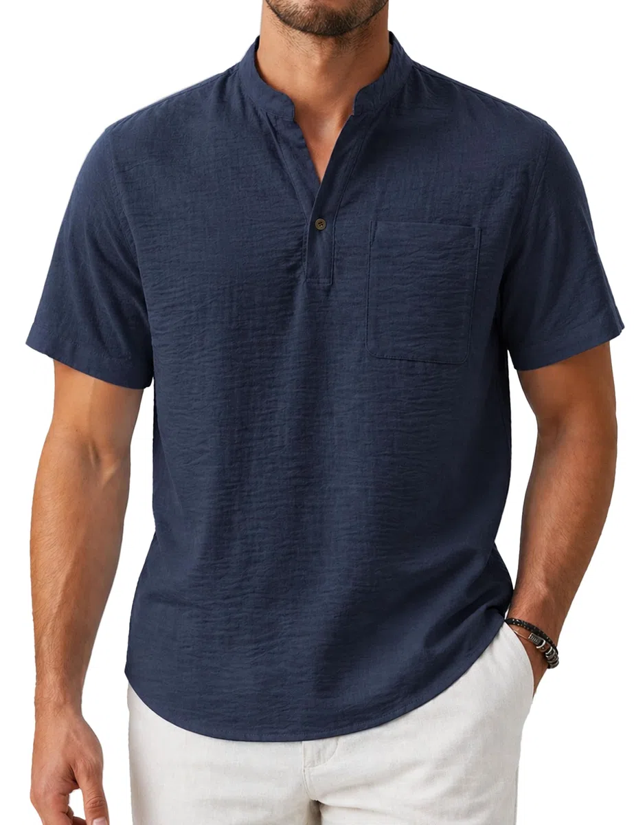 Enlision Camicia Uomo Maniche Corte in Lino e Cotone, Maglietta Estiva Collo Coreano Leggera Traspirante con Taschino, Serafino T-Shirt per Spiaggia Casual, vestibilità Ampia Taglie S-4XL