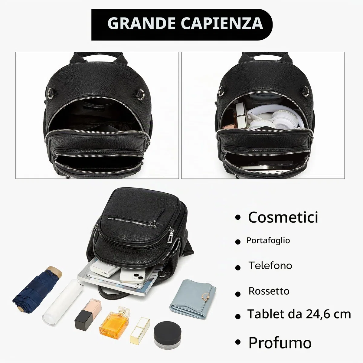 Miss Lulu Zaino Donna, Borsa a Tracolla Donna, Pelle PU, Nero, Media | Impermeabile, Tracolla Rimovibile, Tasca Antifurto, Stile Semplice, Elegante, per Viaggi, Lavoro e Passeggiate