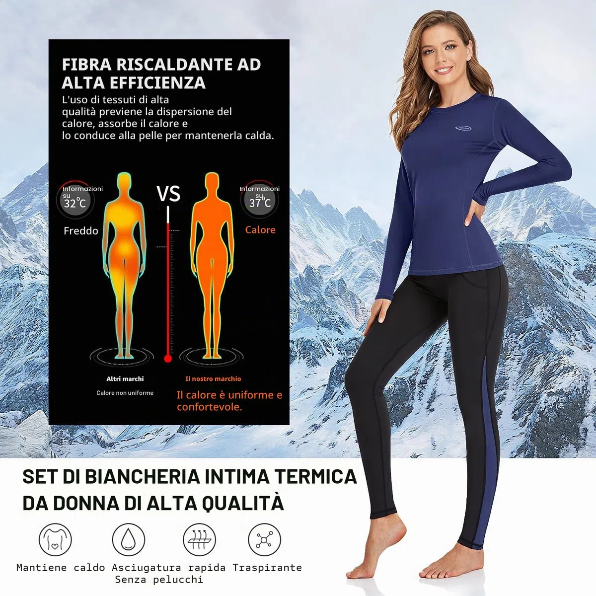 AMGUTEN Biancheria Intima Termica Donna Biancheria Funzionale Donna con Funzione Quick Dry Sportiva Set di Biancheria Intima Base Layer Traspirante Riscaldante Ideale per attività all'Aperto Blu