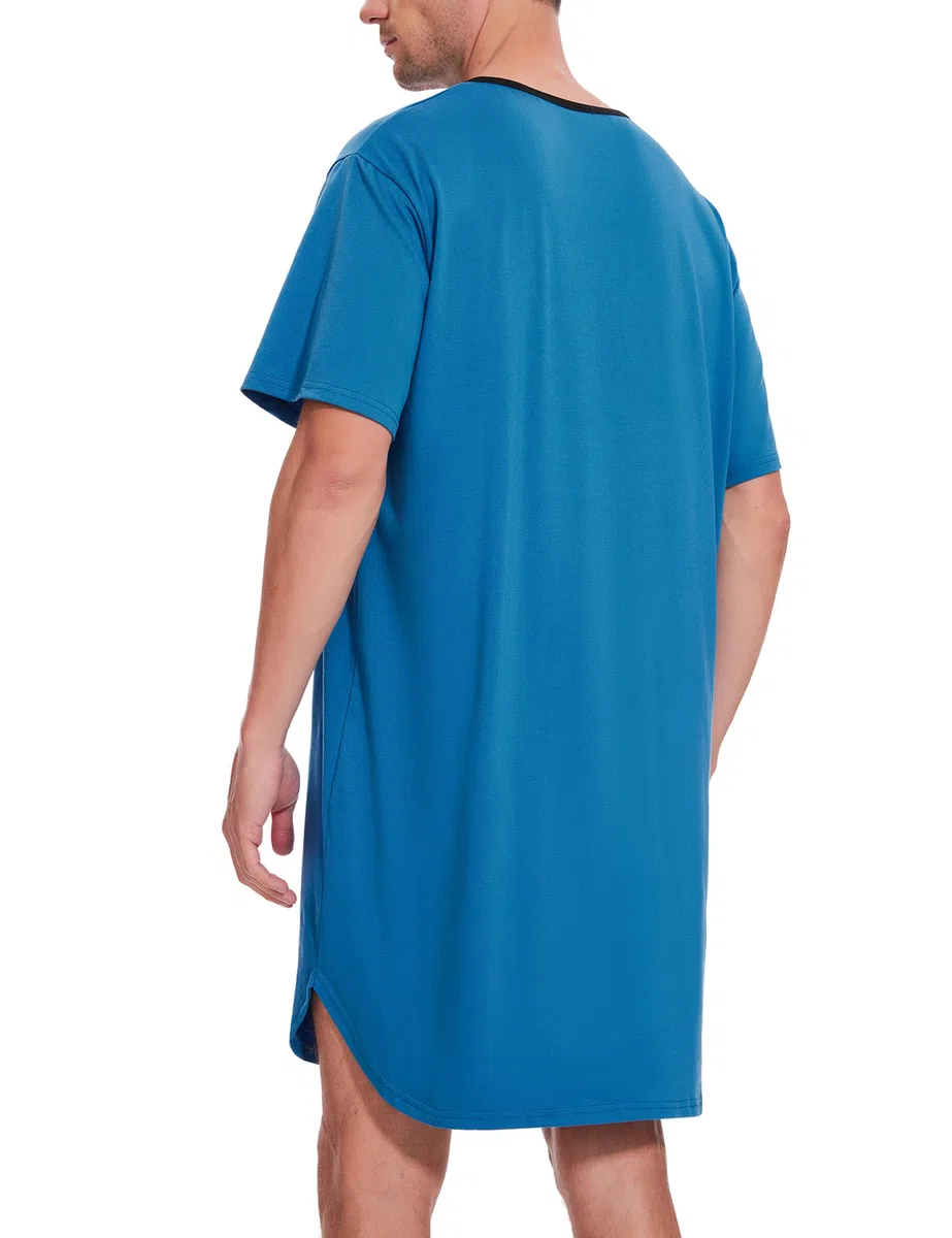 Uniexcosm Camicia da Notte da Uomo in Cotone Pigiama da Uomo Girocollo con Bottoni Pigiama Comoda Maniche Corte Girocollo, Tinta Unita Sottile