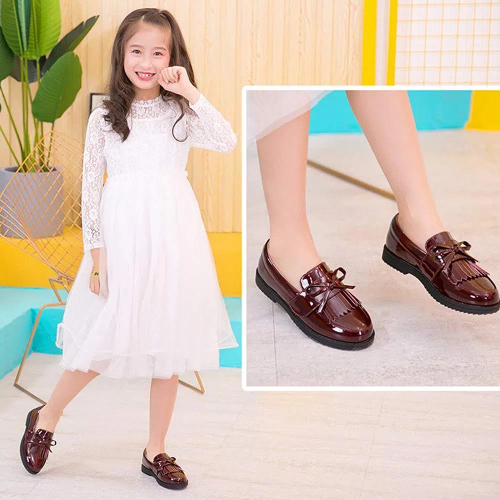 Mocassini Bambina in Pelle Scarpe da Bambina Stile Britannico con Fiocco.