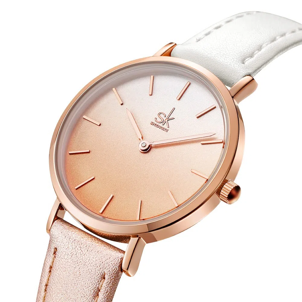 SHENGKE SK - Orologio da donna ultra sottile minialista, con cinturino in pelle, con due mani