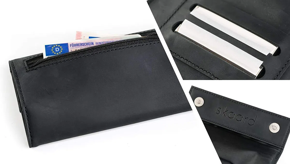 skaard Portatabacco in pelle | Astuccio per tabacco da rollare, cartine e filtri | Nero