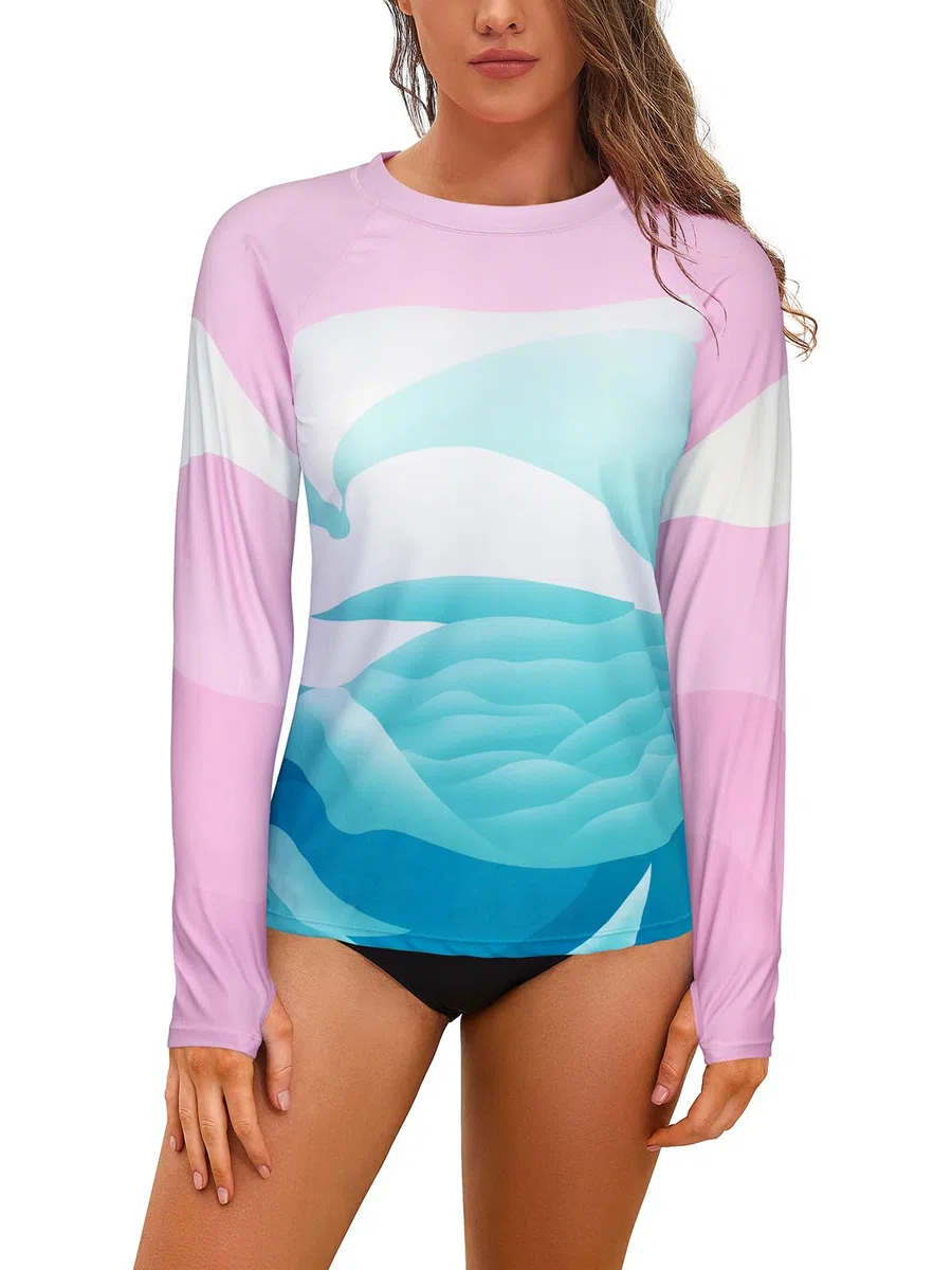 SHEKINI Maglia da Nuoto a Maniche Lunghe Rash Guard da Donna Serie con Stampa paesaggistica Top da Surf